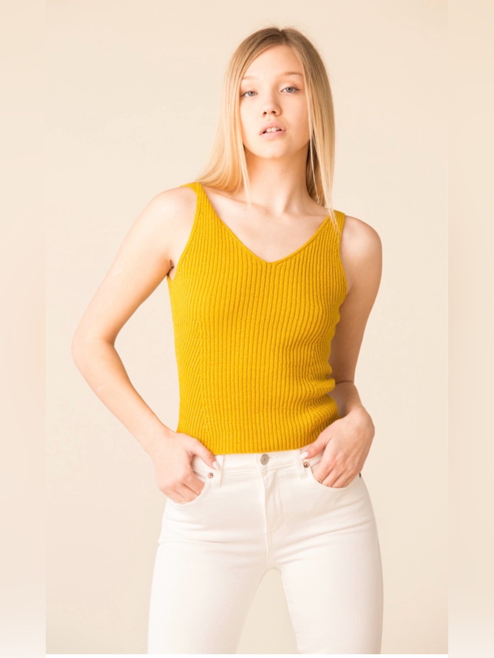 Vince Directional Ribbed Sleeveless Sweater Yellow Tank Small